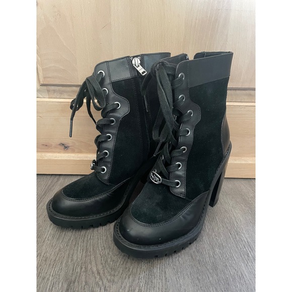 Coach Shoes - Coach Black Leather Suede Lace Up Block Heel Combat Boots Womens 5B